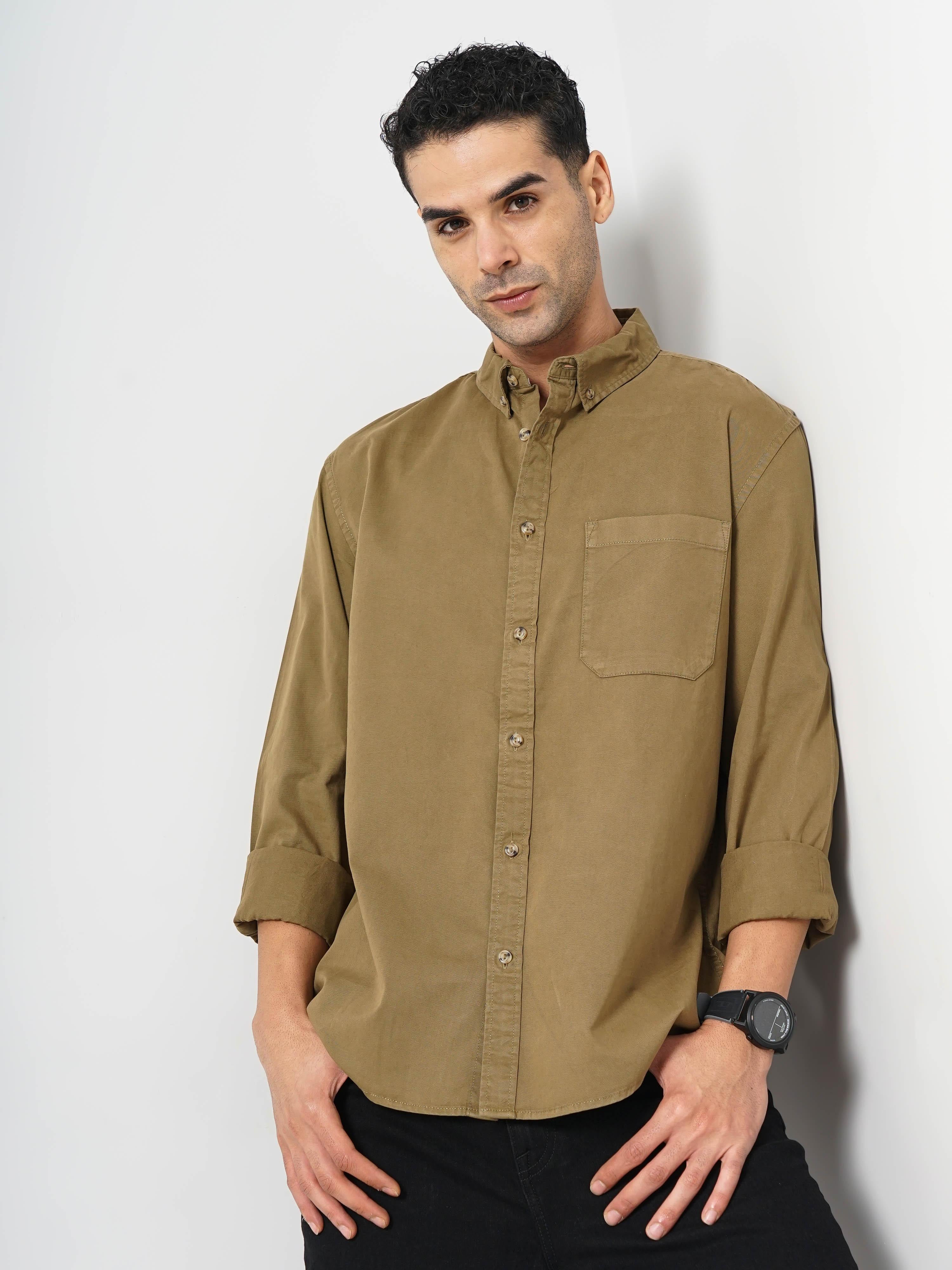 Khaki Solid Cotton Shirt