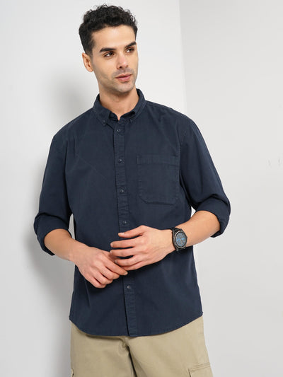 Celio* Solid Regular Fit Cotton Navy Blue Shirt