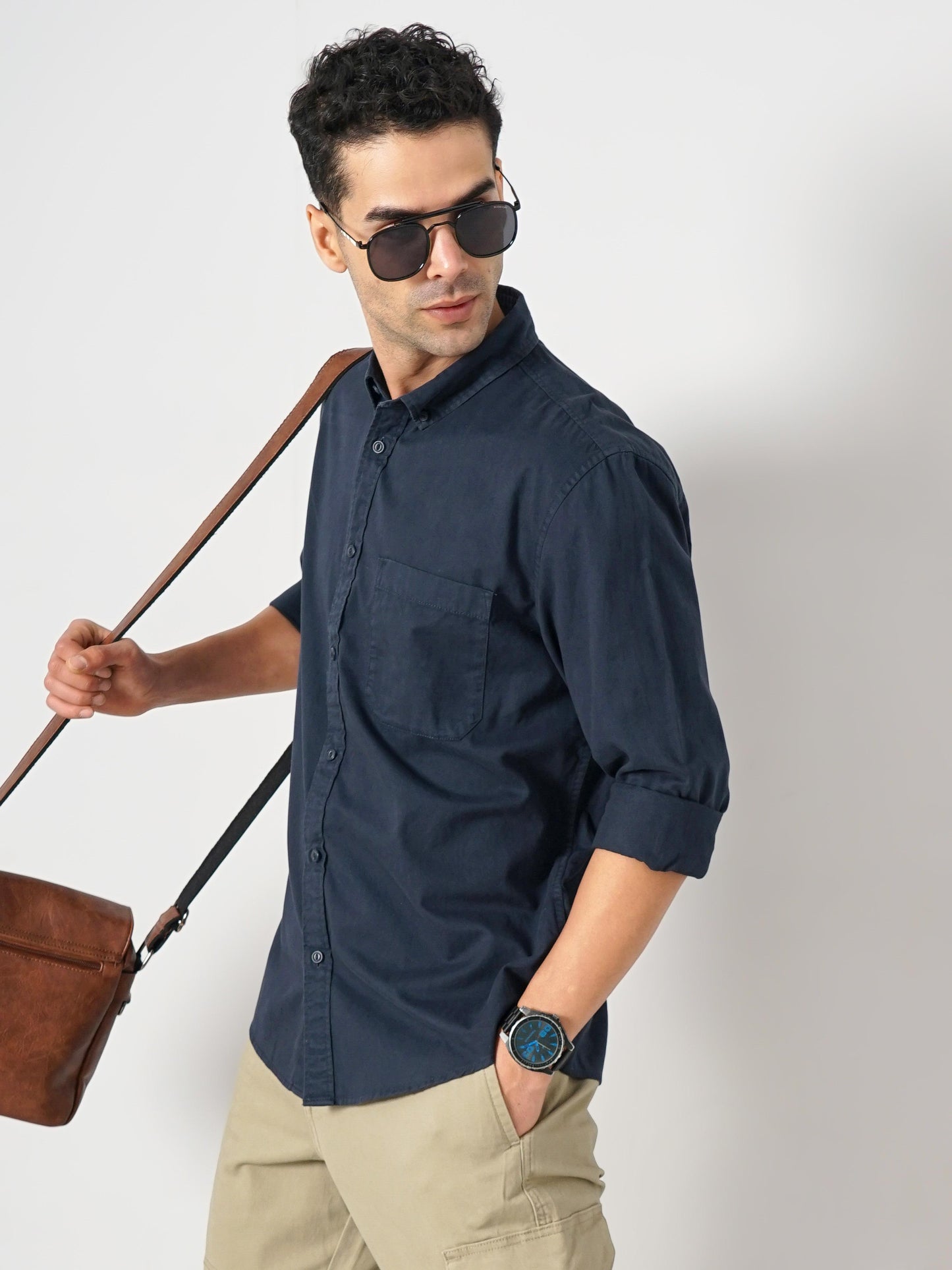 Navy Blue Solid Cotton Shirt