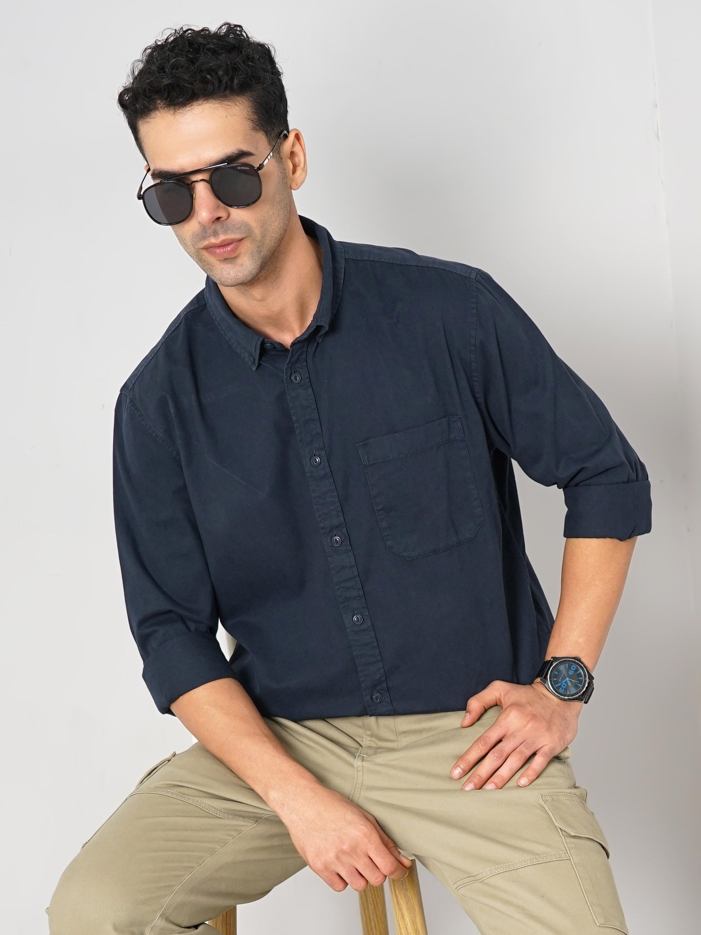 Navy Blue Solid Cotton Shirt