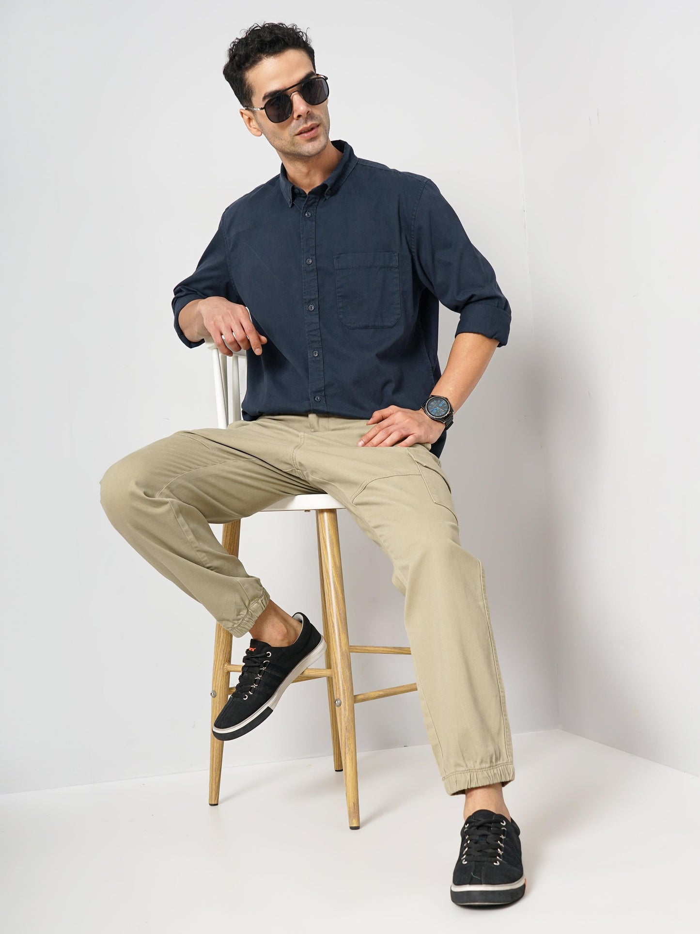 Navy Blue Solid Cotton Shirt