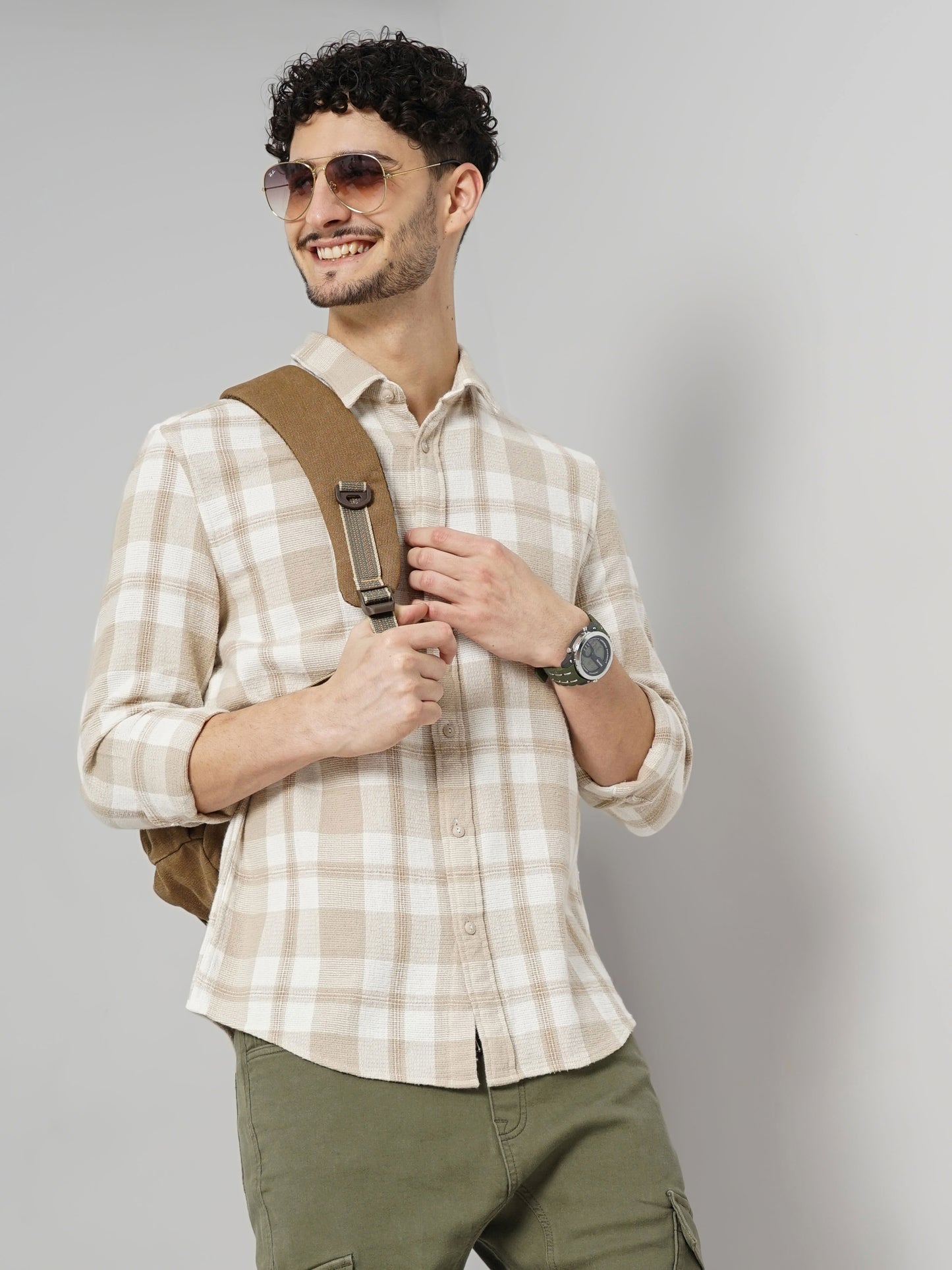 Beige Checks Cotton Shirt