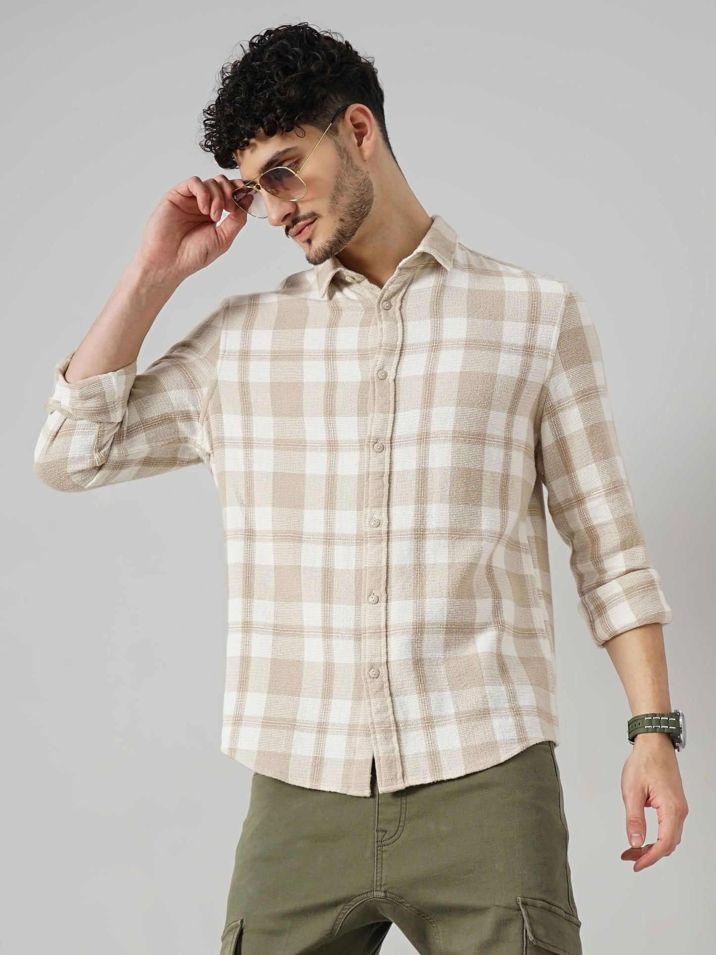 Beige Checks Cotton Shirt