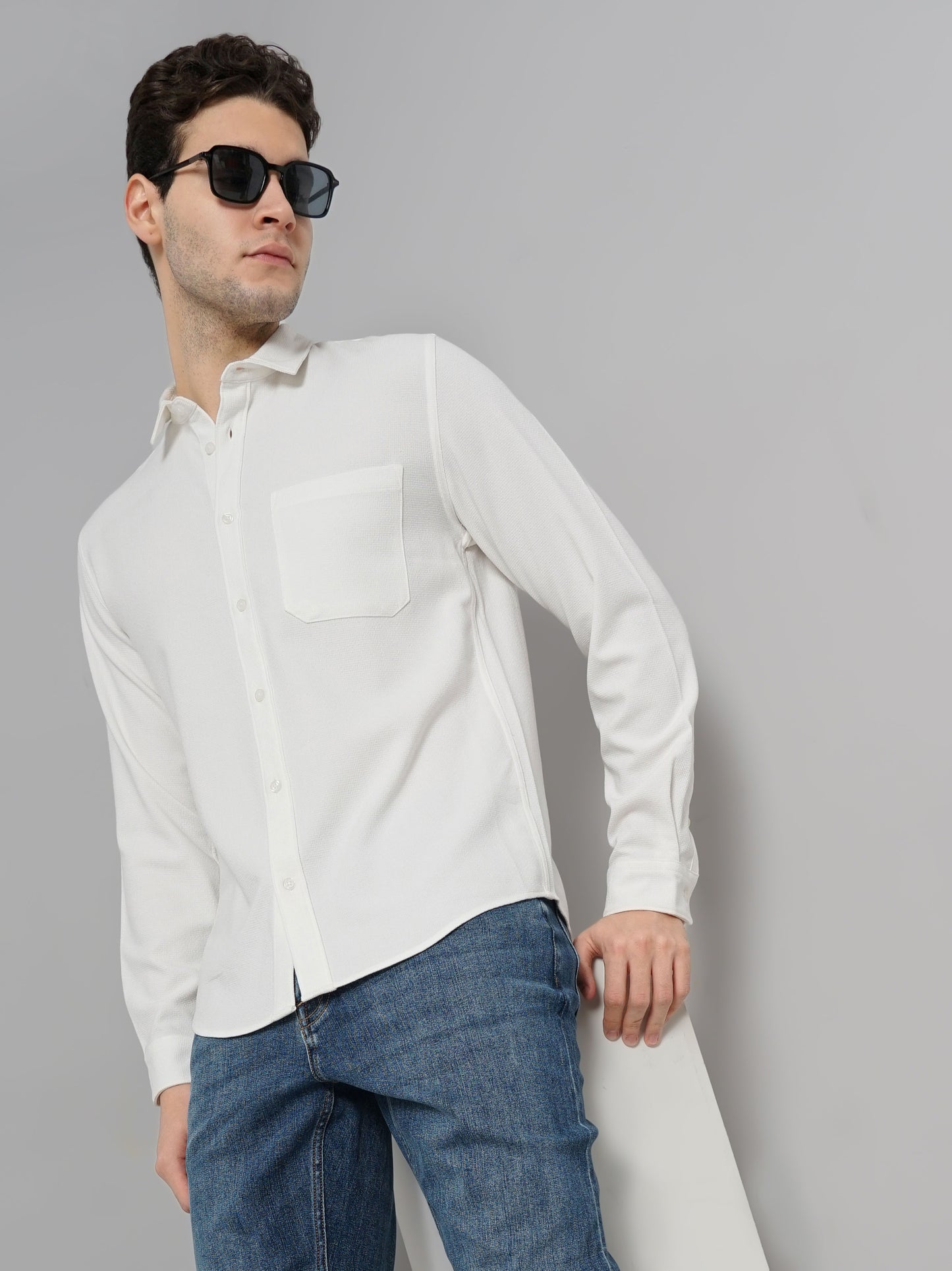 Off White Solid Polyester Shirt