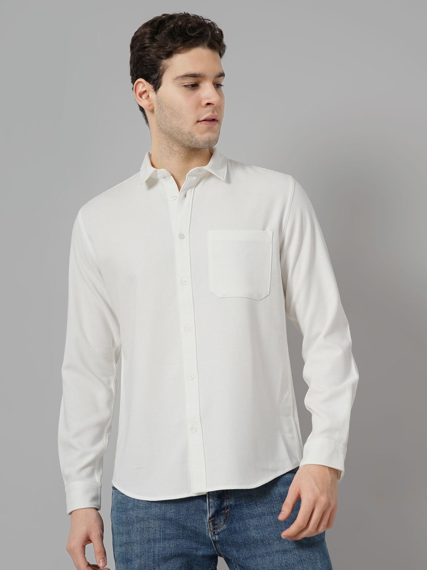 Off White Solid Polyester Shirt