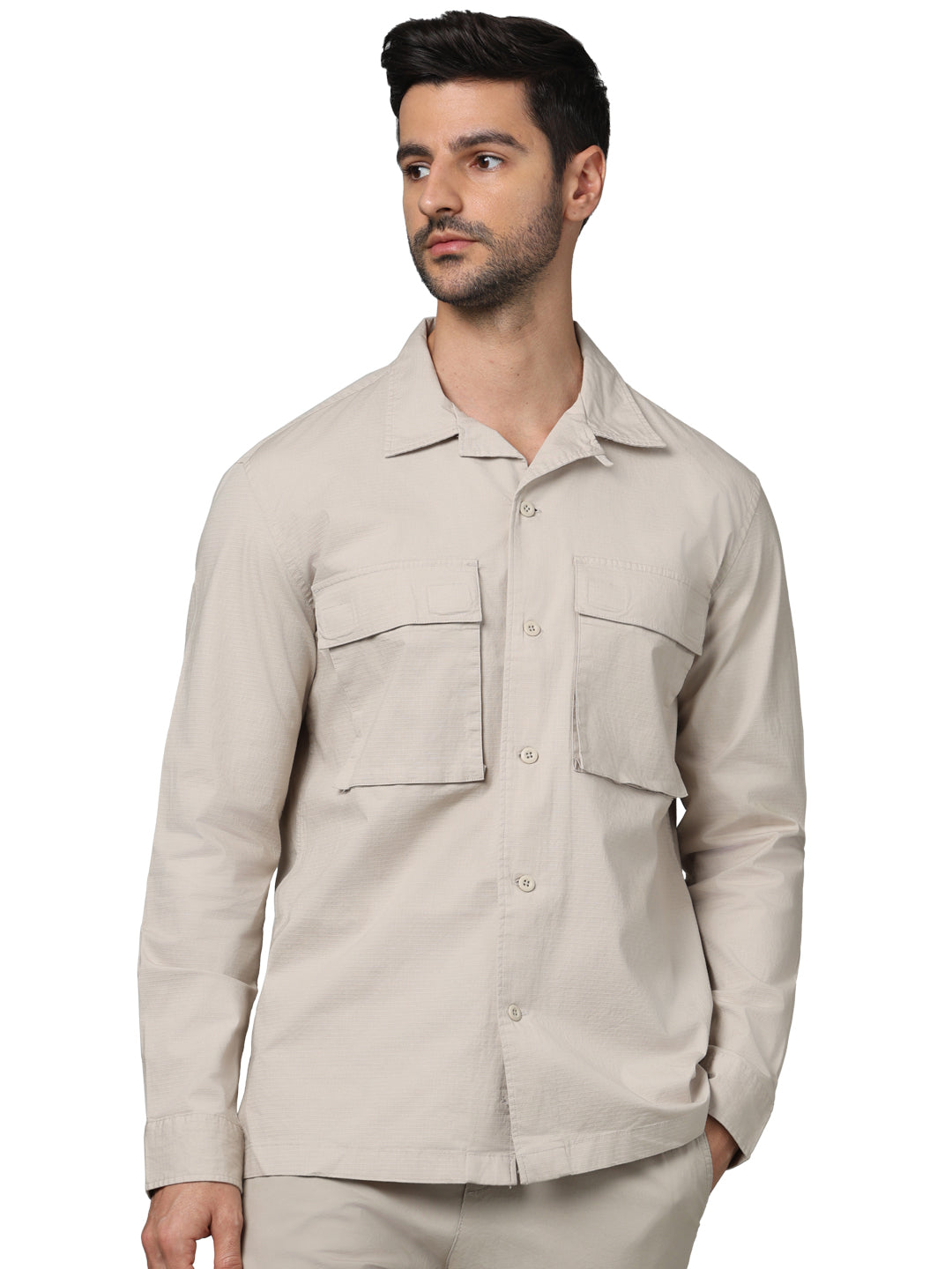 Beige Solid Cotton Shirt