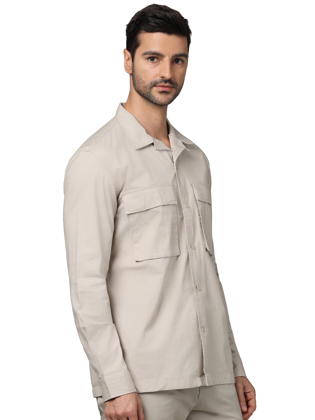 Beige Solid Cotton Shirt