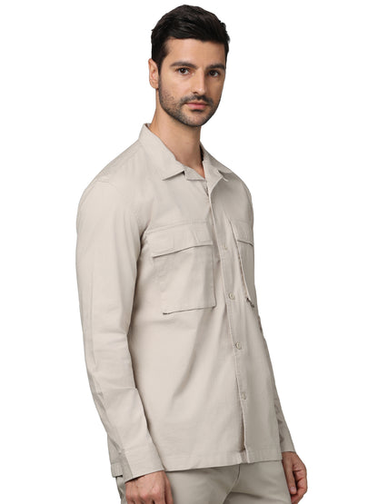 Beige Solid Cotton Shirt