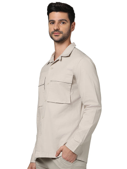 Beige Solid Cotton Shirt