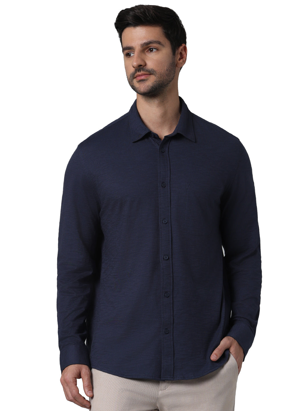 Navy Blue Solid Cotton Shirt