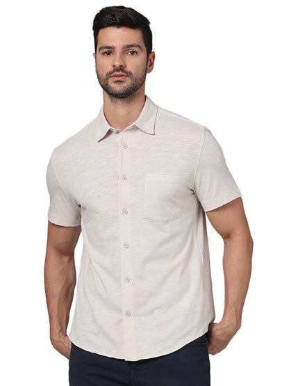 Beige Solid Cotton Shirt