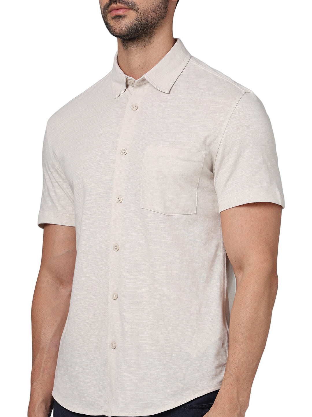 Beige Solid Cotton Shirt