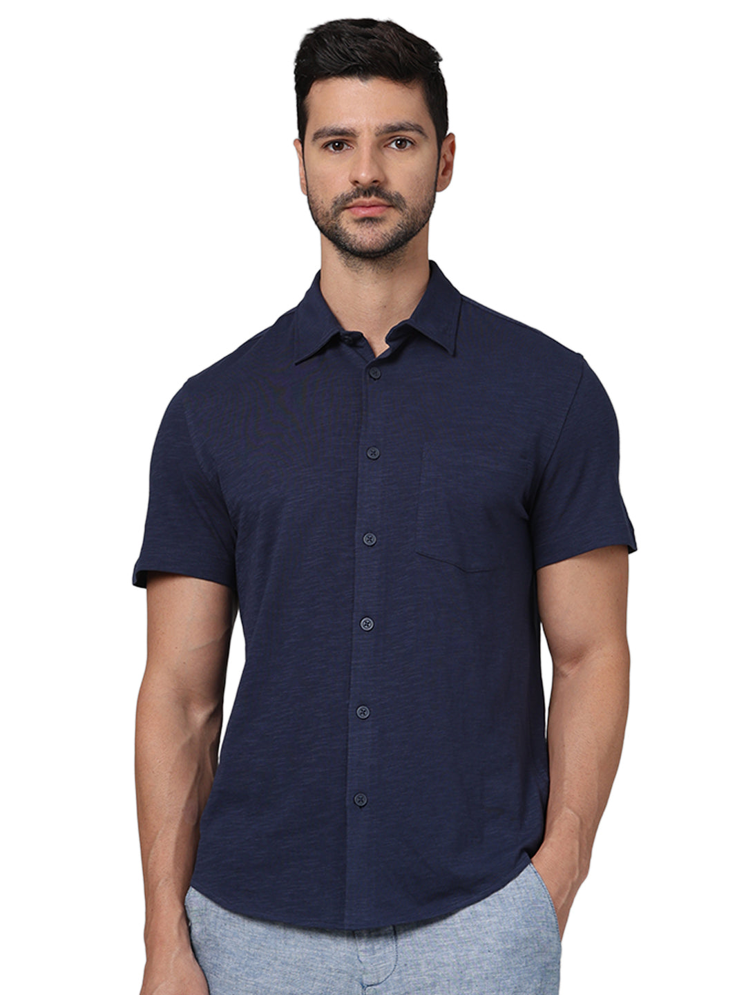 Navy Blue Solid Cotton Shirt