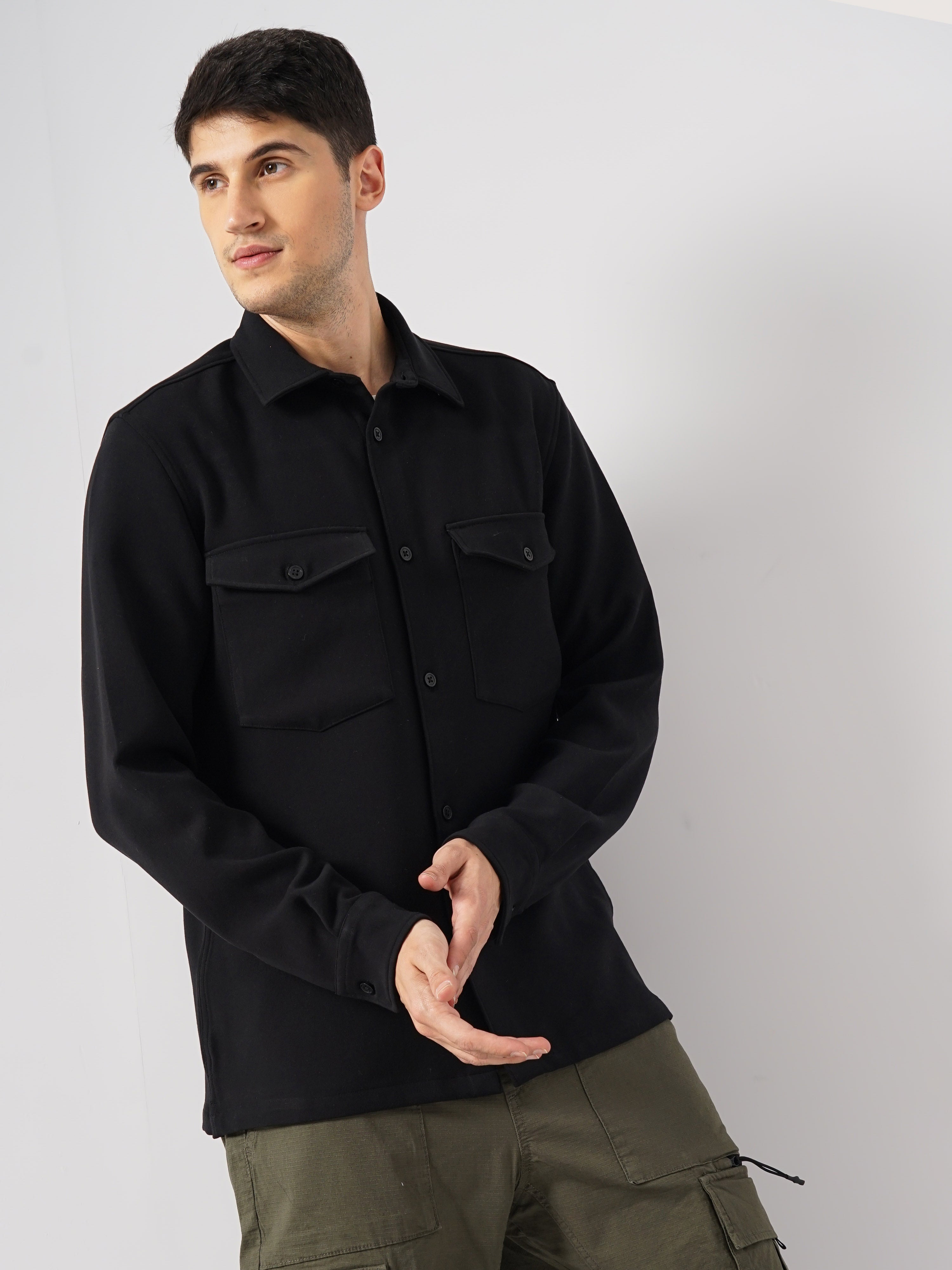 Black Solid Polyester Shirt