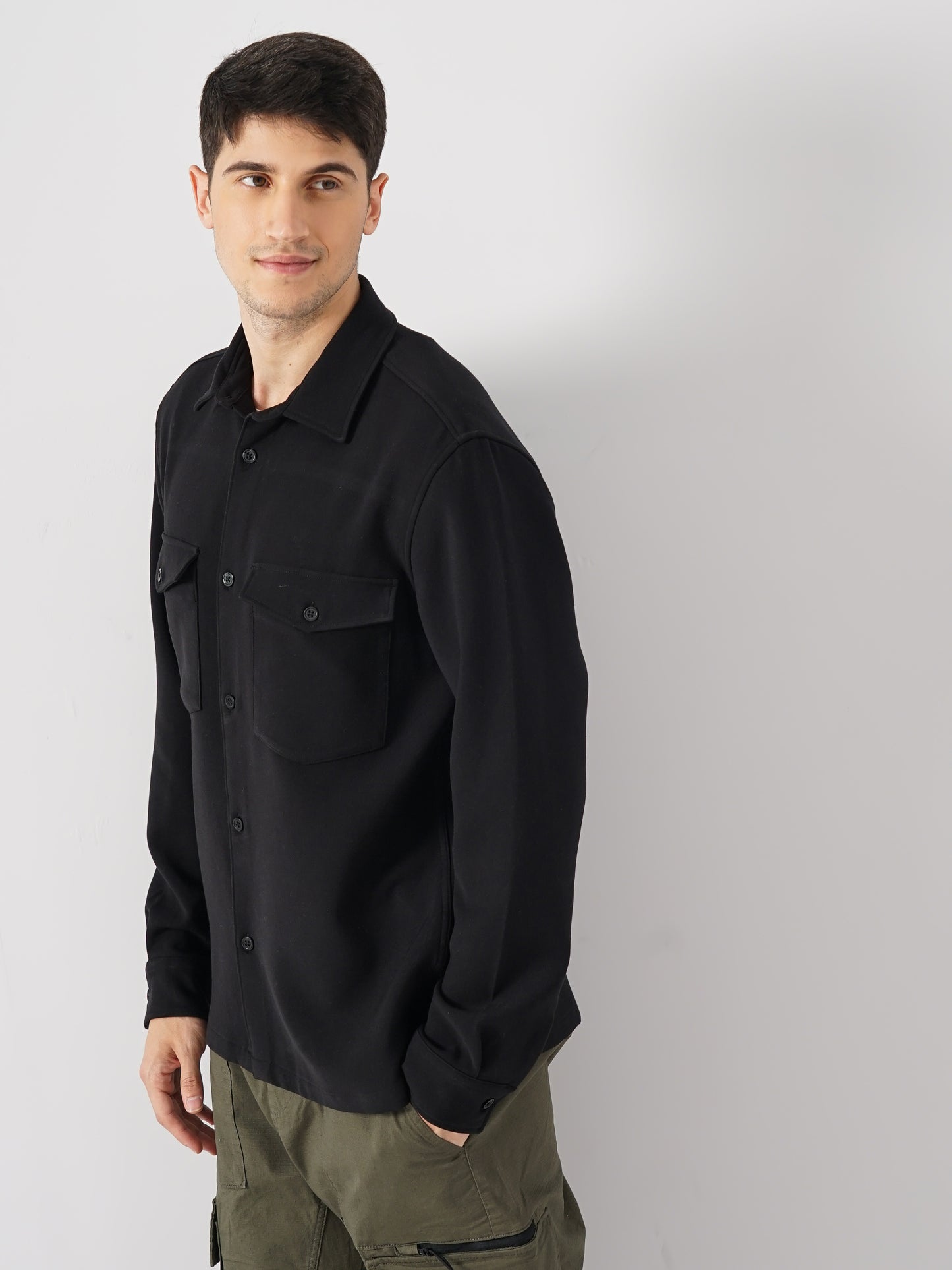 Black Solid Polyester Shirt