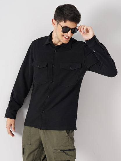 Black Solid Polyester Shirt