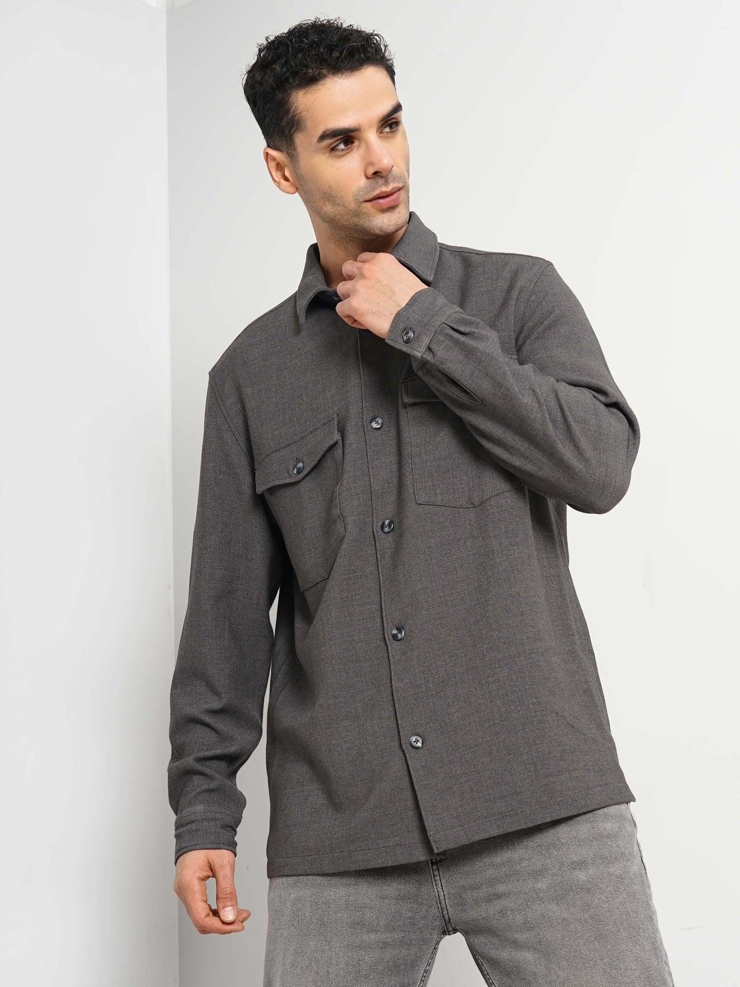 Grey Solid Polyester Shirt