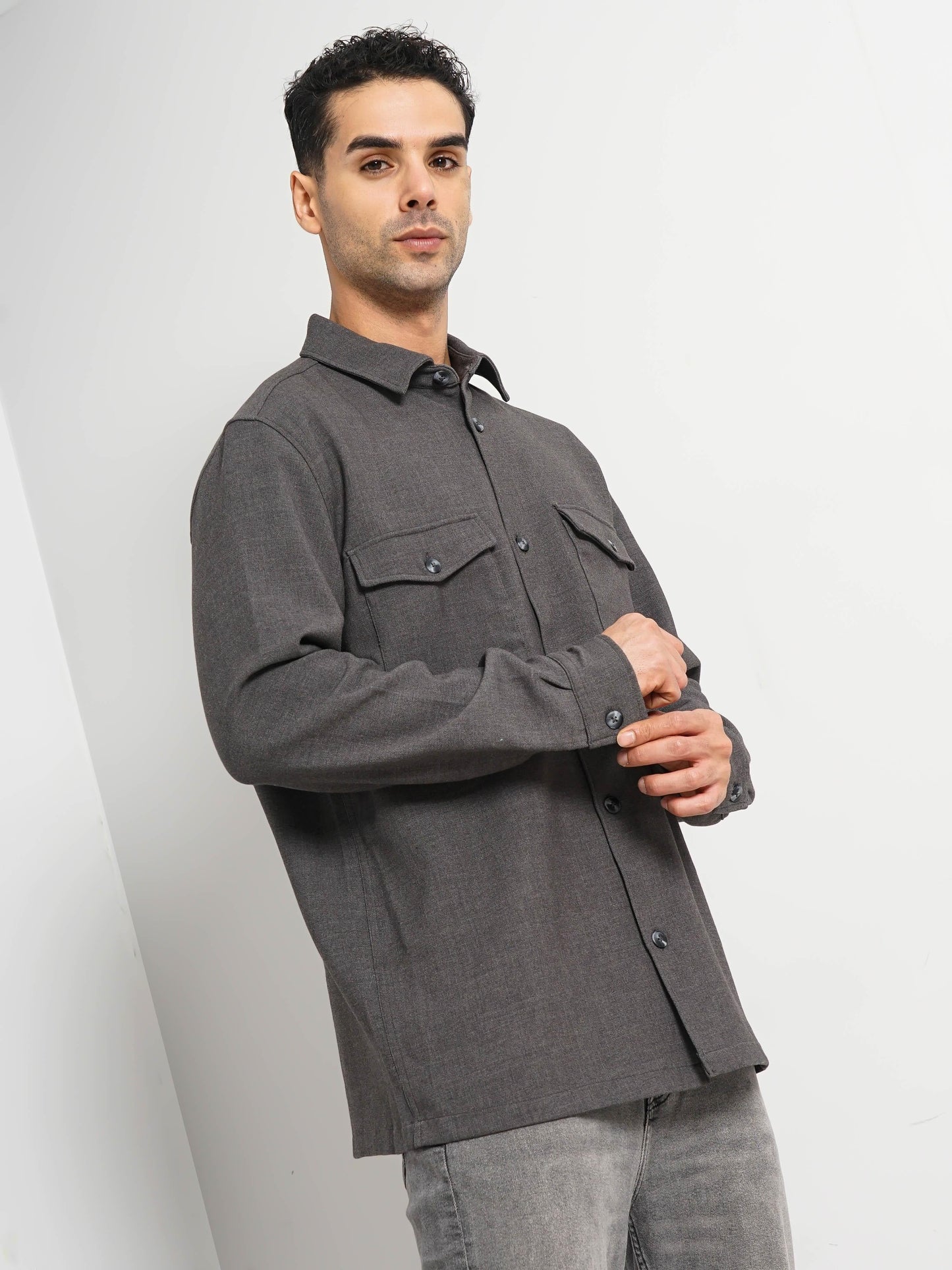 Grey Solid Polyester Shirt