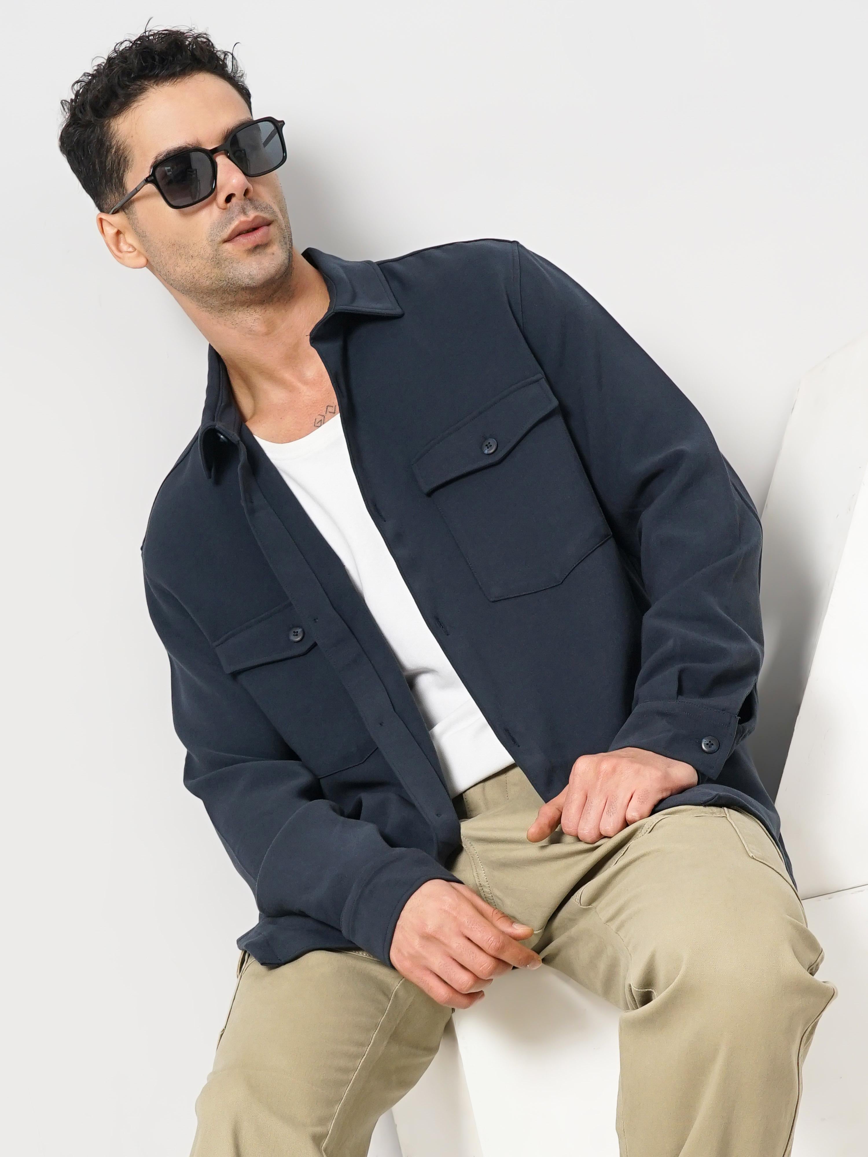 Navy Blue Solid Polyester Shirt