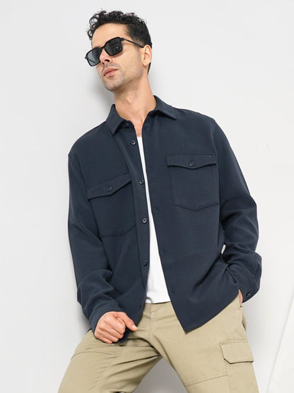 Navy Blue Solid Polyester Shirt