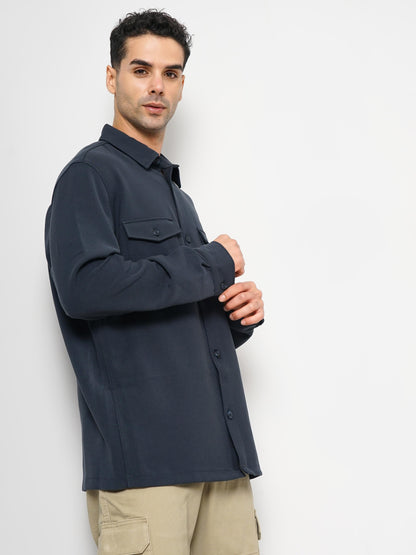 Navy Blue Solid Polyester Shirt