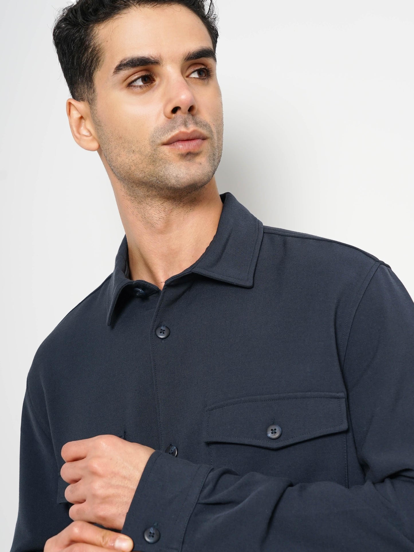 Navy Blue Solid Polyester Shirt