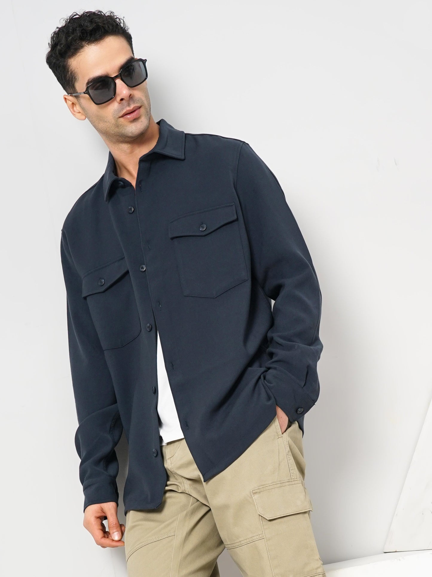 Navy Blue Solid Polyester Shirt