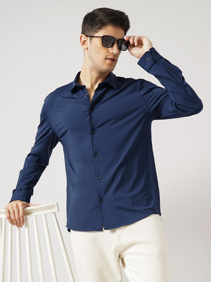 Navy Blue Solid Polyester Shirt