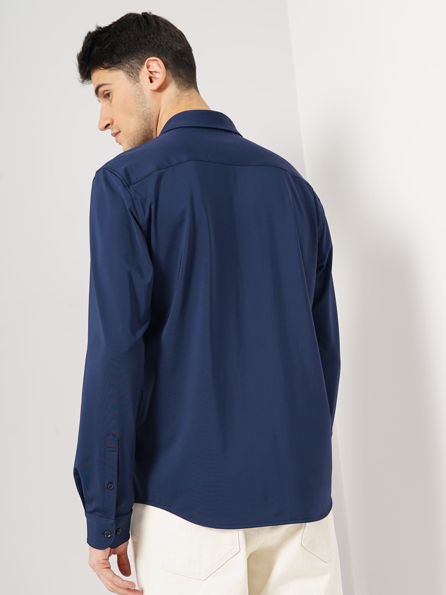 Navy Blue Solid Polyester Shirt