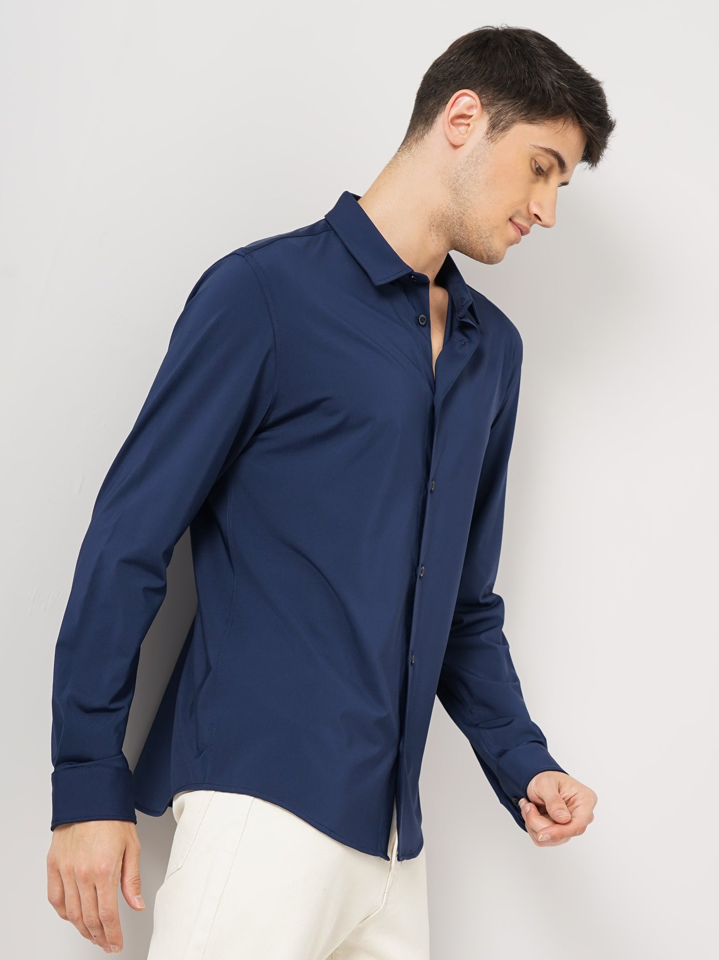 Navy Blue Solid Polyester Shirt