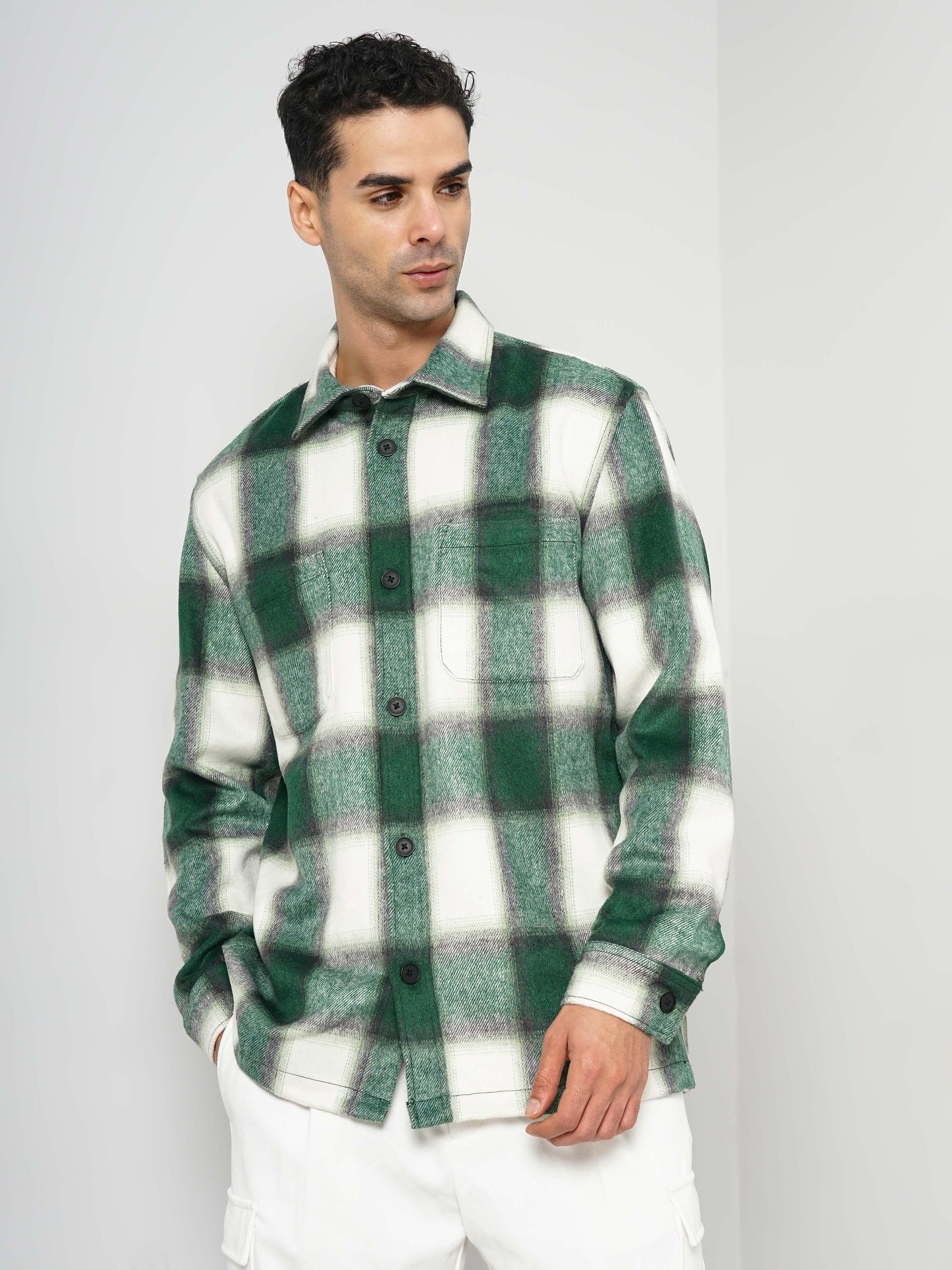 Green Striped Polyester Shirt