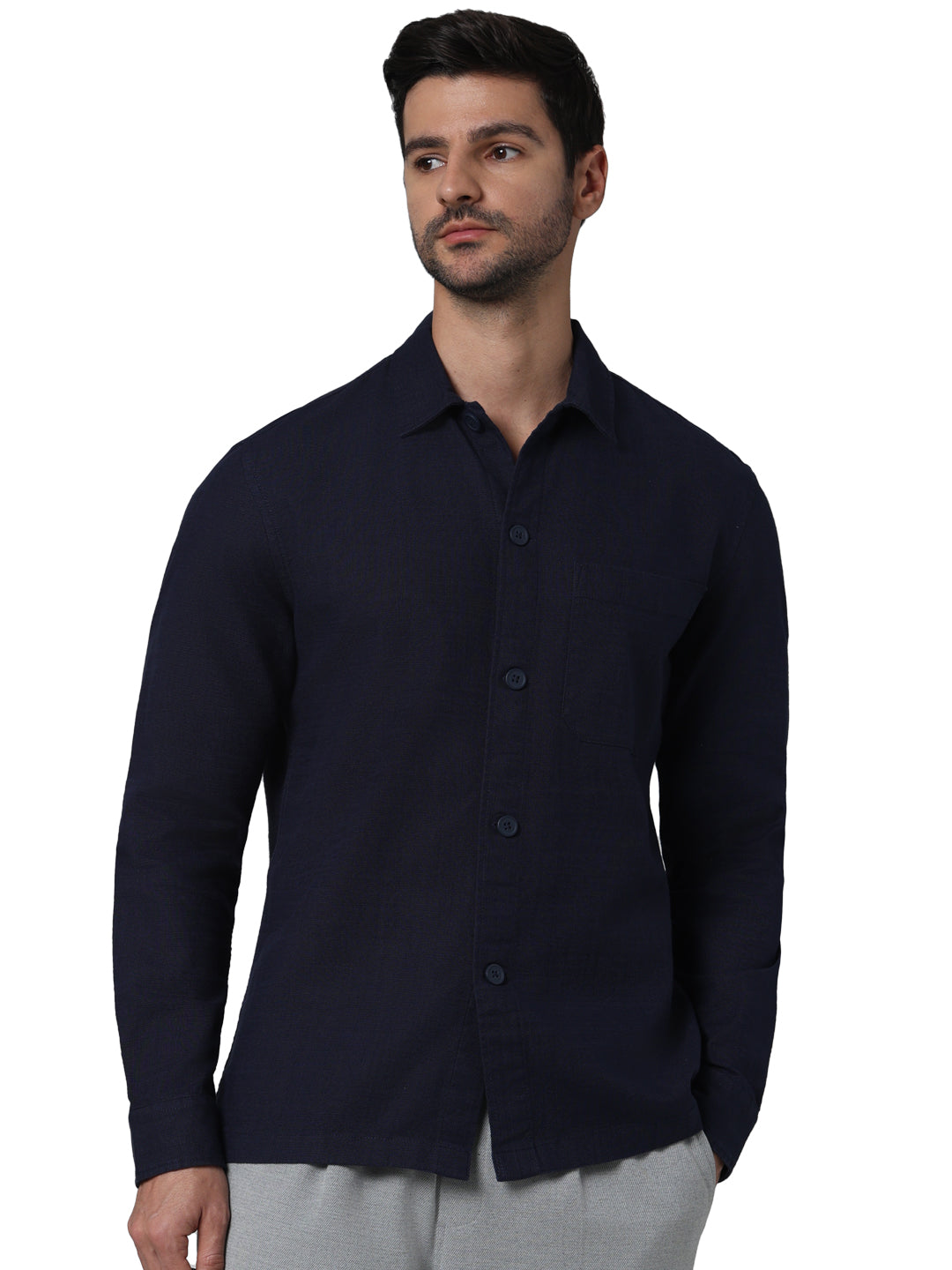 Navy Blue Solid Cotton Shirt