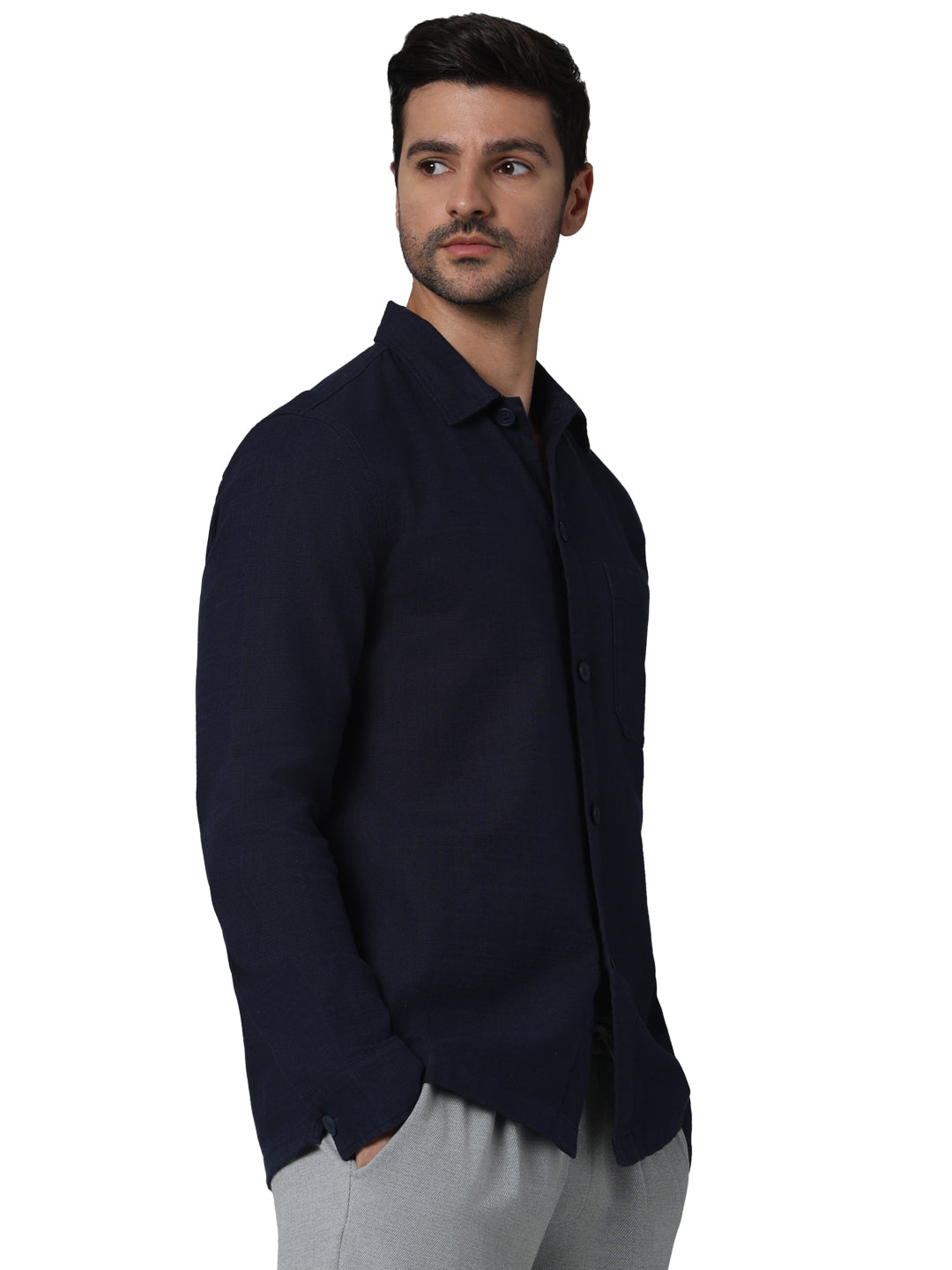 Navy Blue Solid Cotton Shirt