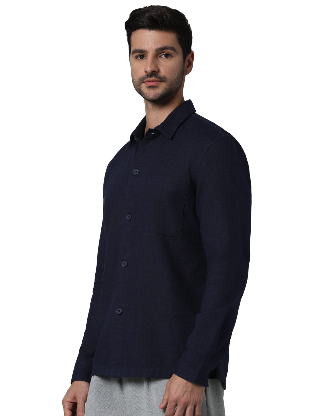 Navy Blue Solid Cotton Shirt