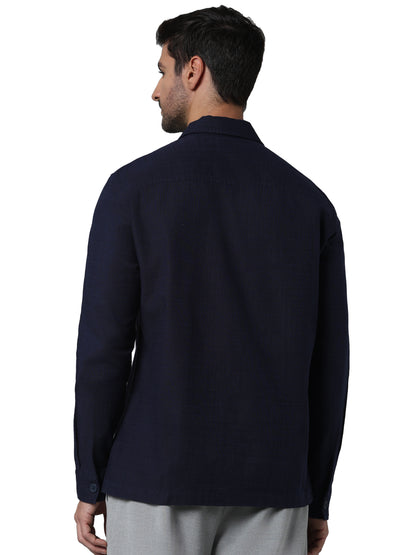 Navy Blue Solid Cotton Shirt