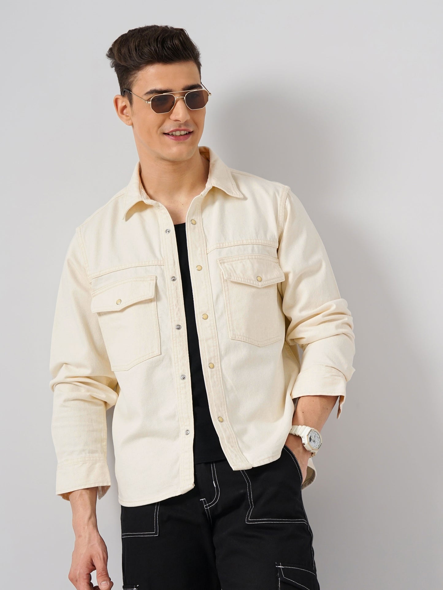 Off White Solid Cotton Shirt