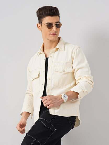 Off White Solid Cotton Shirt