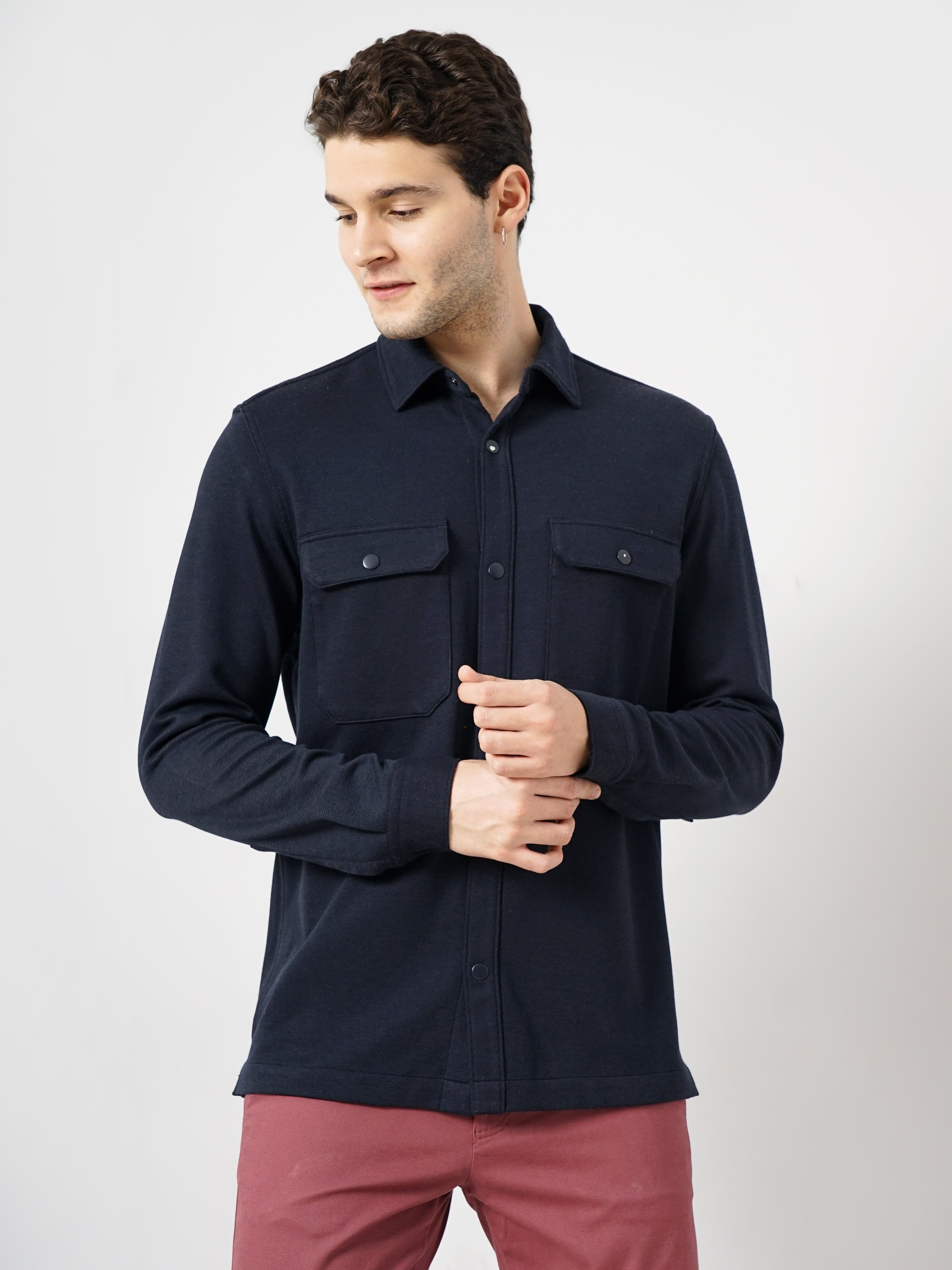 Navy Blue Solid Polyester Shirt