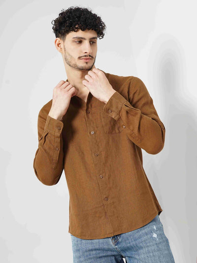 Celio Men Brown Solid Regular Fit Cotton Shirts