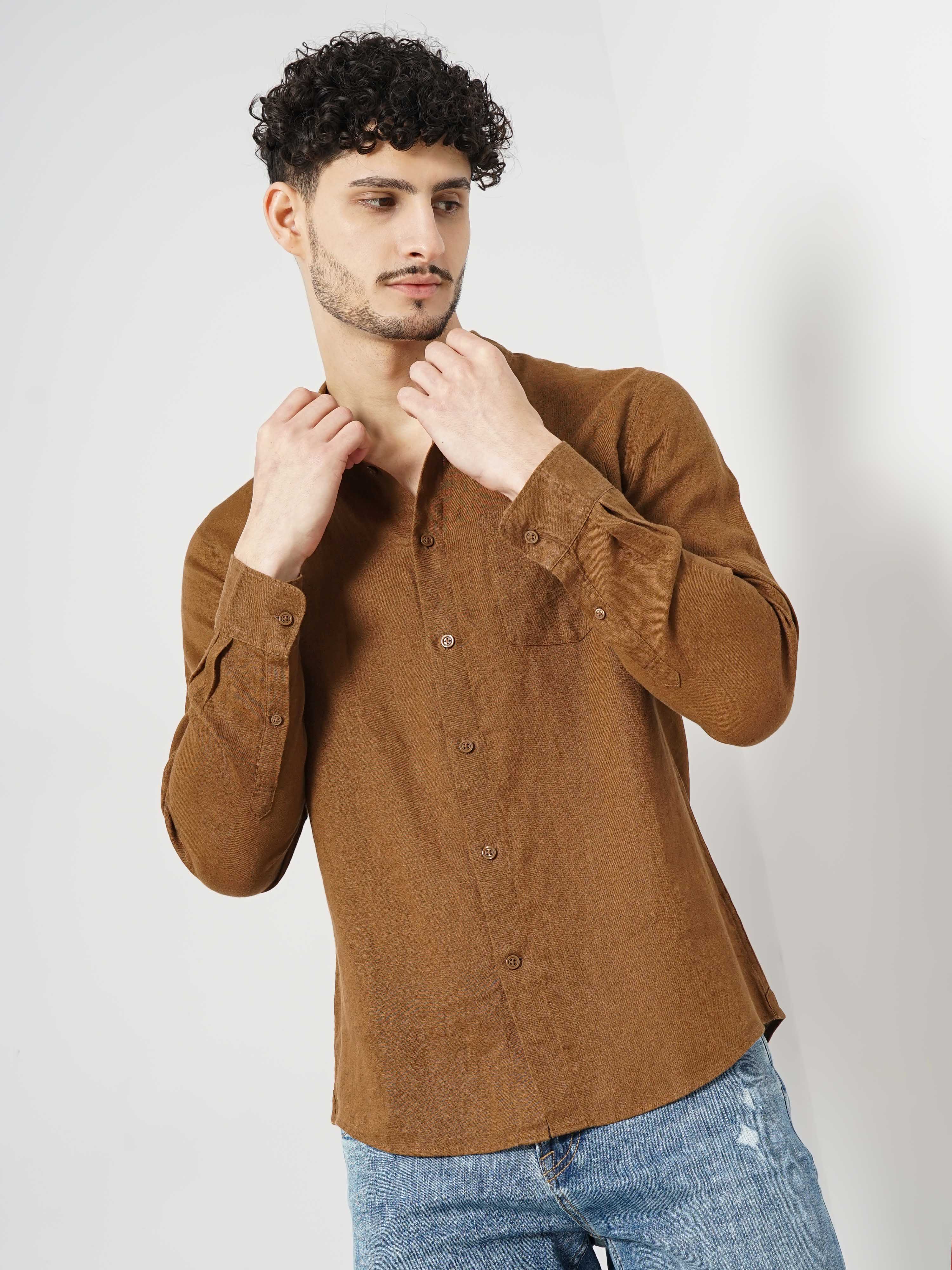 Brown Solid Linen Shirt