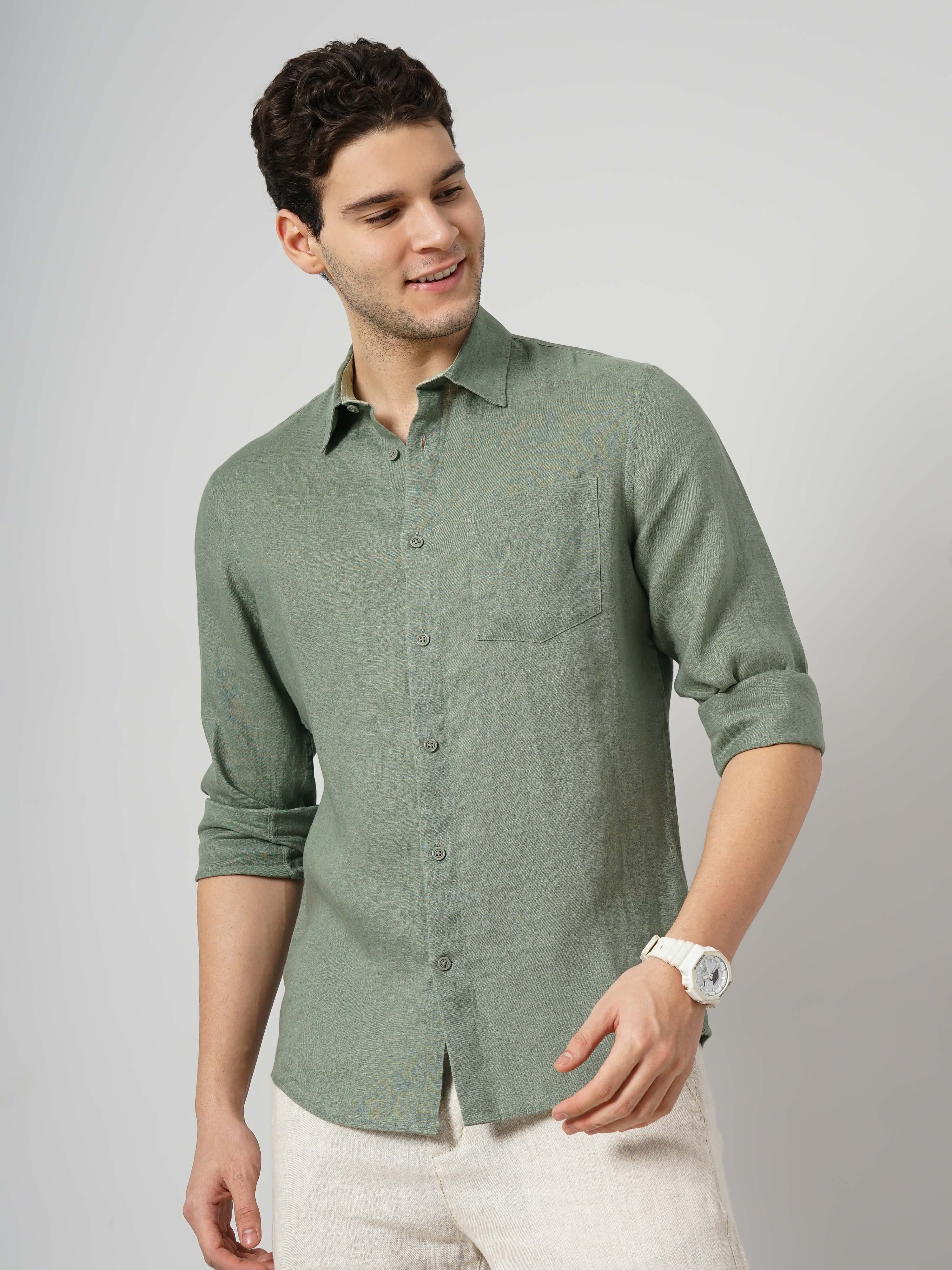 Olive Solid Linen Shirt