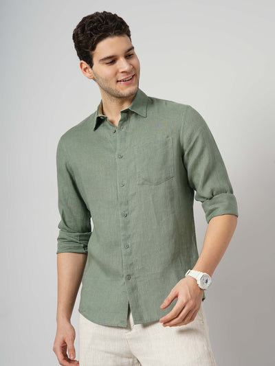 Celio* Solid Regular Fit Linen Olive Shirt