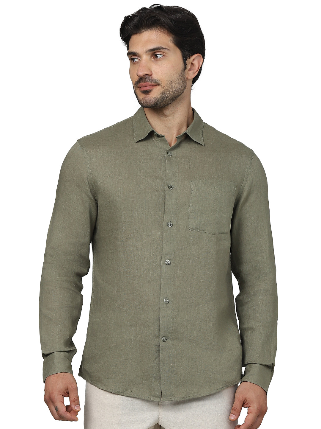 Khaki Solid Linen Shirt