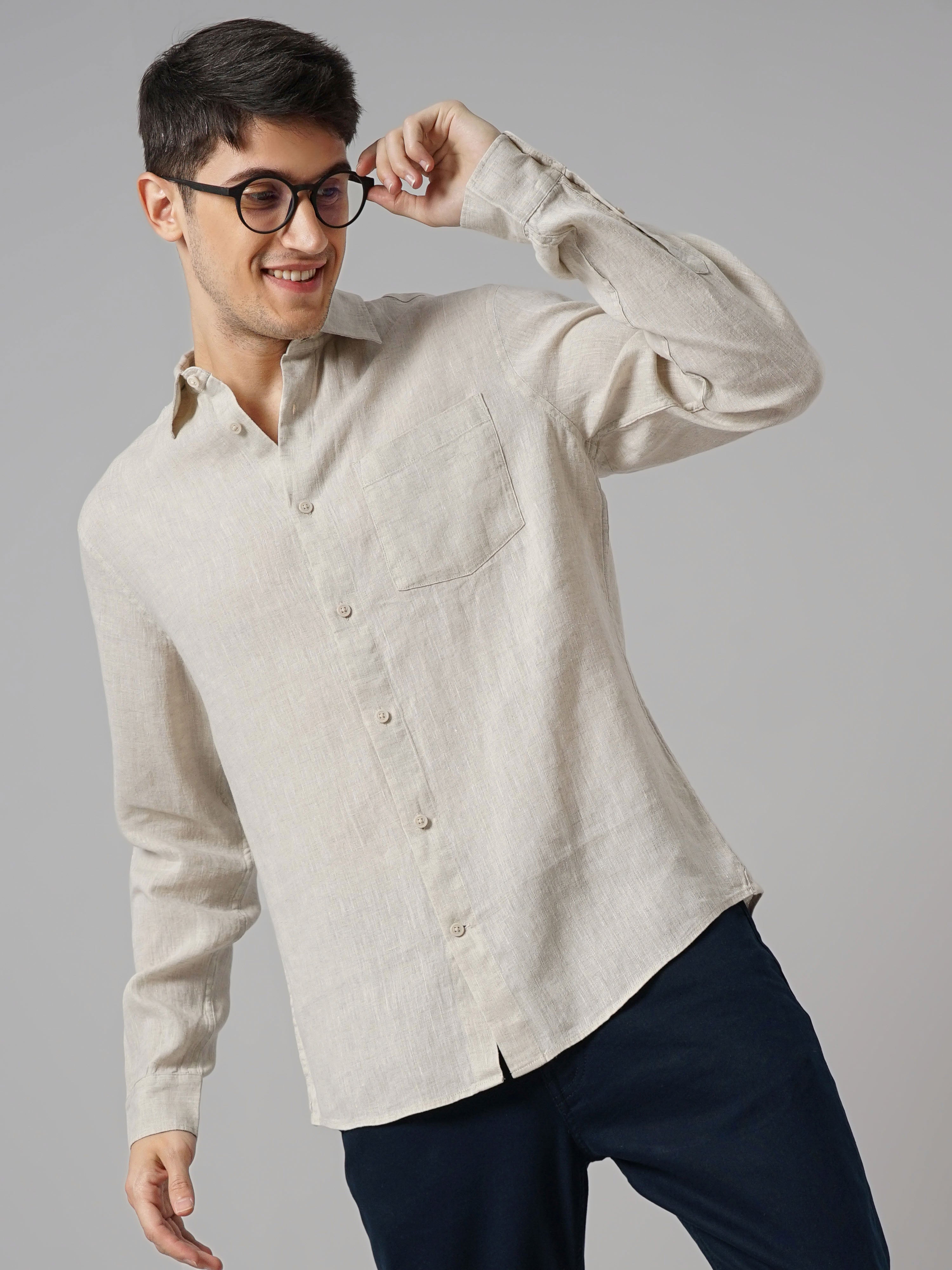 Off White Solid Linen Shirt