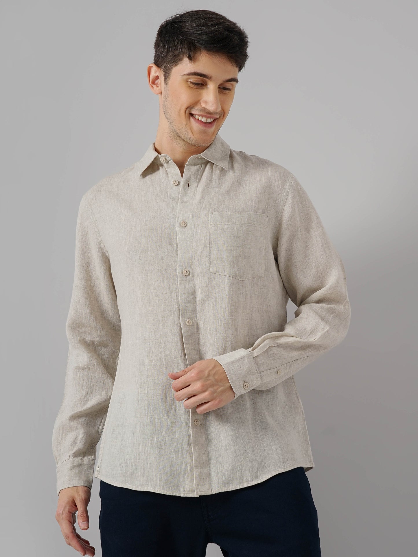 Off White Solid Linen Shirt