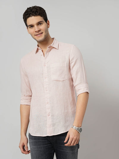 Celio* Solid Regular Fit Linen Pink Shirt