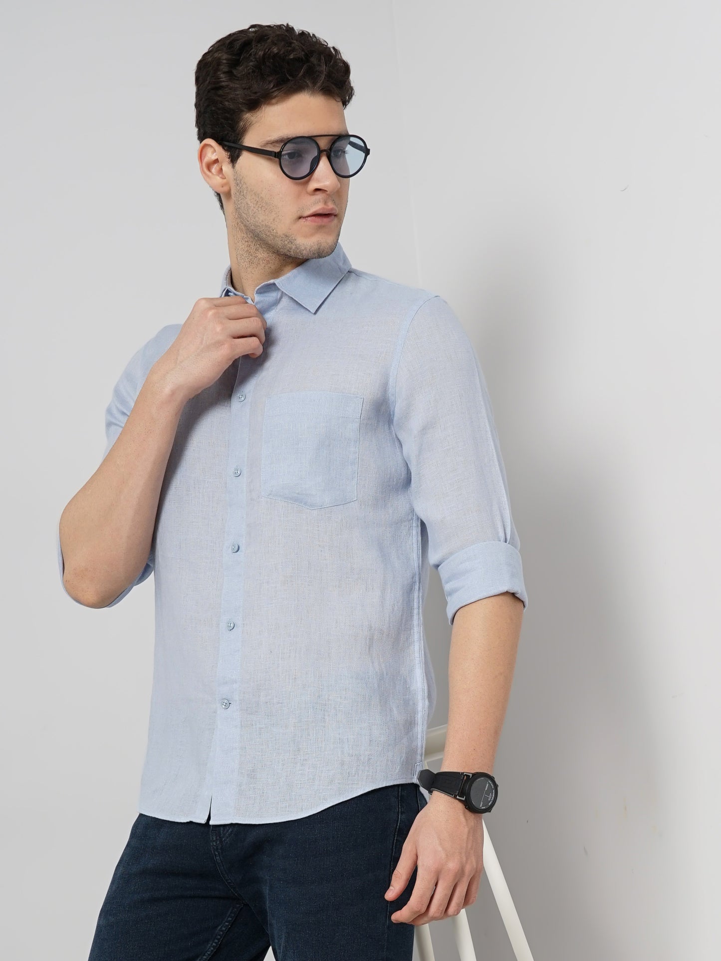 Blue Solid Linen Shirt