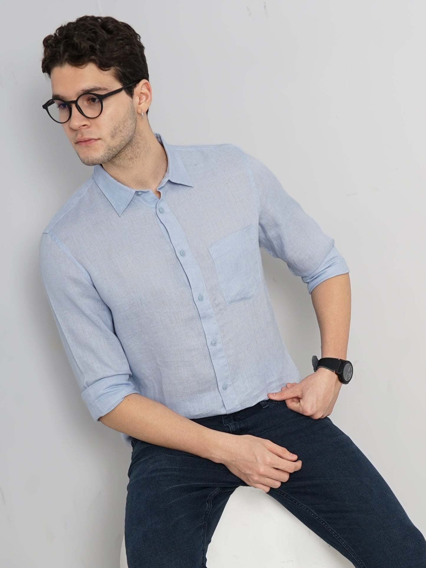 Blue Solid Linen Shirt