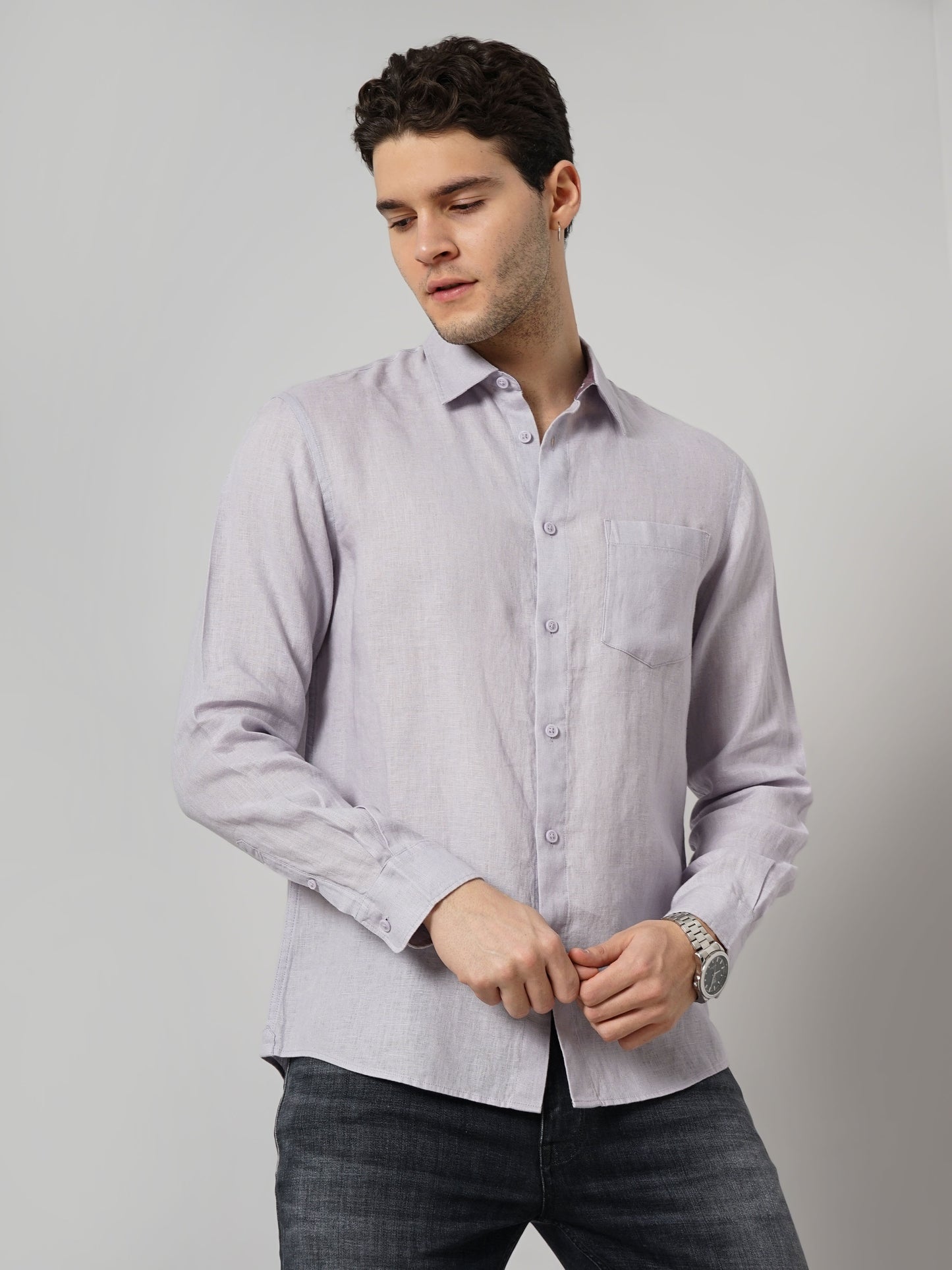 Purple Solid Linen Shirt