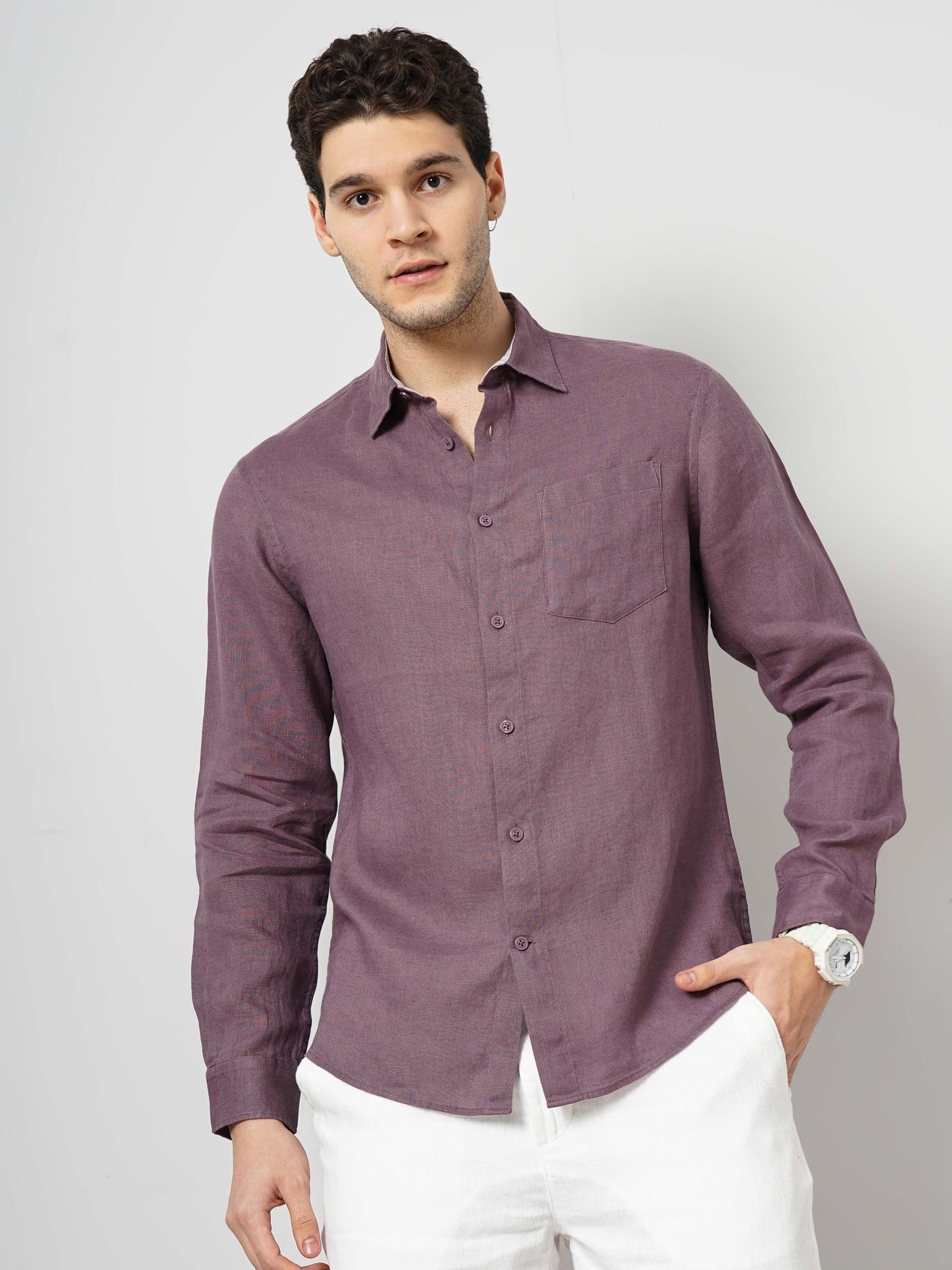 Purple Solid Linen Shirt